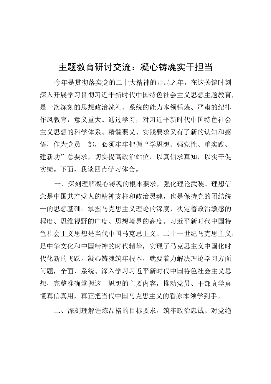 主题教育研讨交流：凝心铸魂 实干担当.docx_第1页