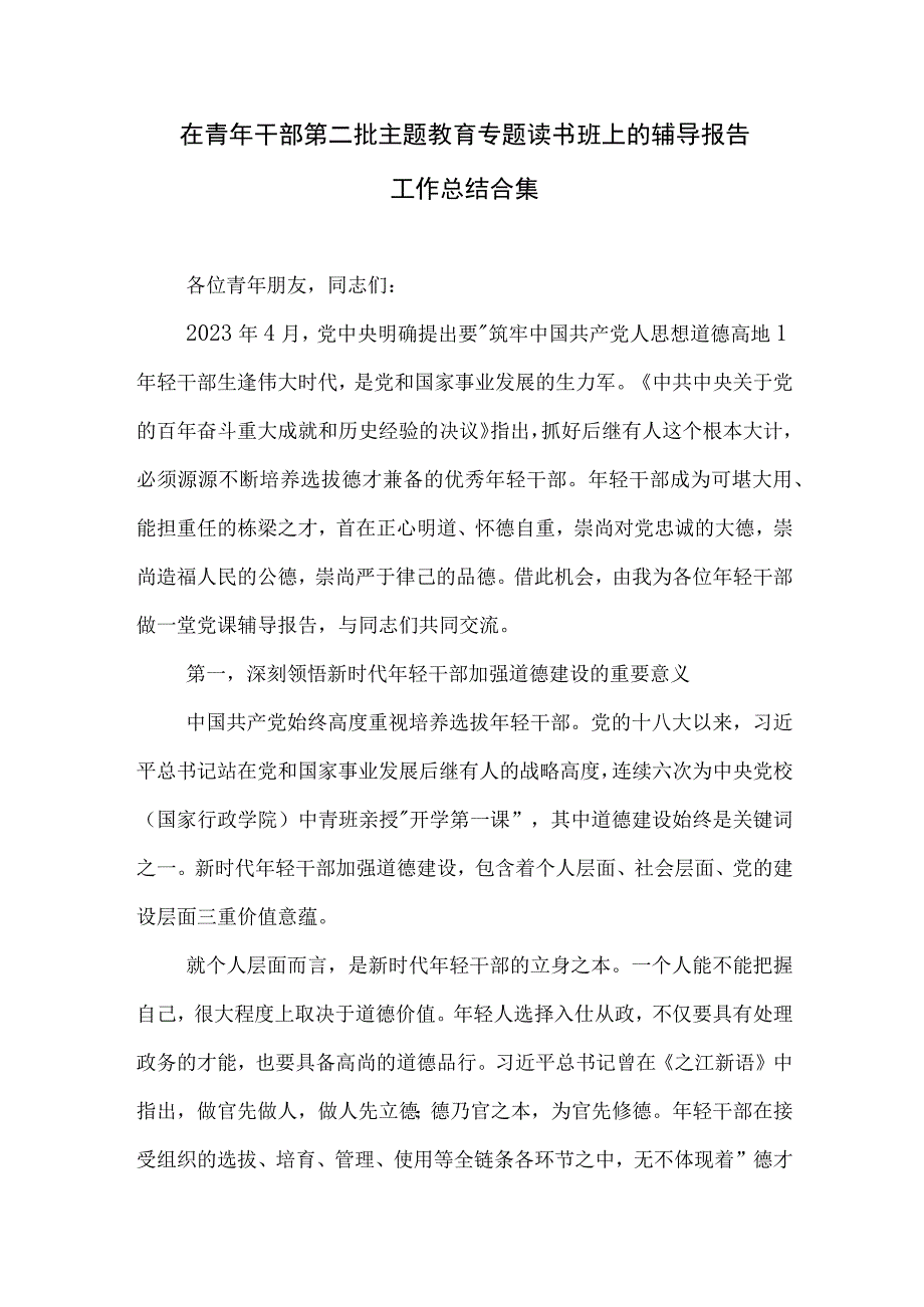 在青年干部第二批主题教育专题读书班上的辅导报告工作总结合集.docx_第1页