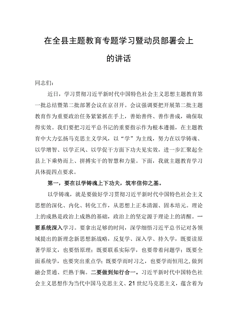 在全县主题教育专题学习暨动员部署会上的讲话.docx_第1页