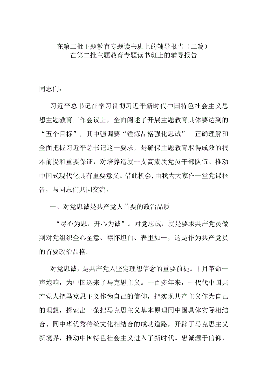 在第二批主题教育专题读书班上的辅导报告(二篇).docx_第1页