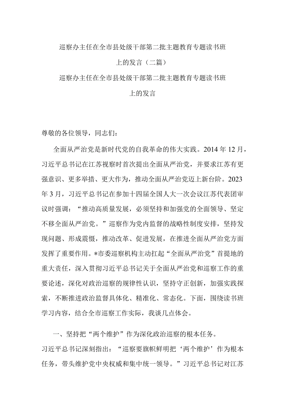 巡察办主任在全市县处级干部第二批主题教育专题读书班上的发言(二篇).docx_第1页