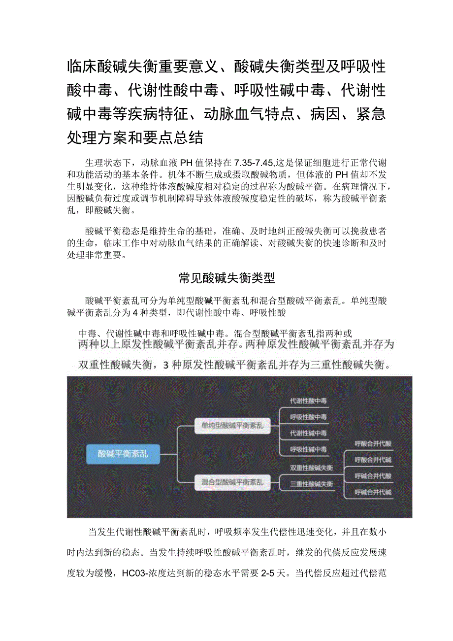 临床酸碱失衡重要意义、酸碱失衡类型及呼吸性酸中毒、代谢性酸中毒、呼吸性碱中毒、代谢性碱中毒等疾病特征、动脉血气特点、病因、紧急处理方案和要点总结.docx_第1页