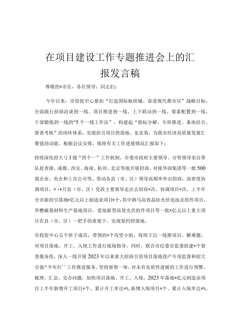 在项目建设工作专题推进会上的汇报发言稿.docx_第1页