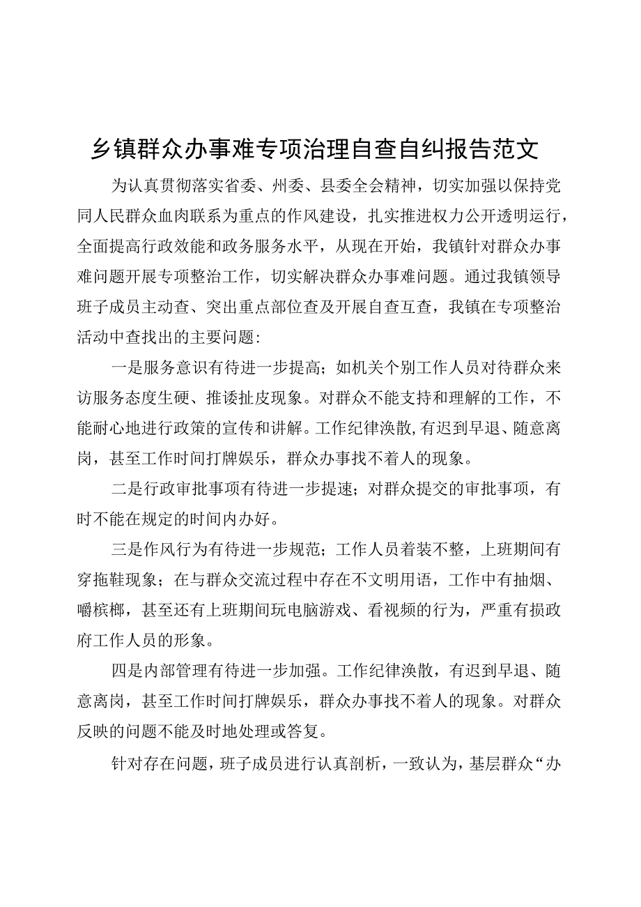 乡镇街道群众办事难专项治理自查自纠报告工作总结汇报.docx_第1页