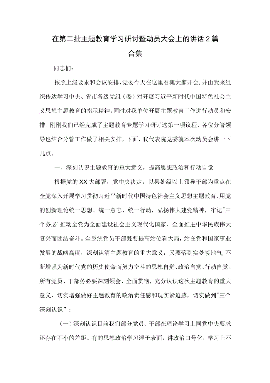 在第二批主题教育学习研讨暨动员大会上的讲话2篇合集.docx_第1页