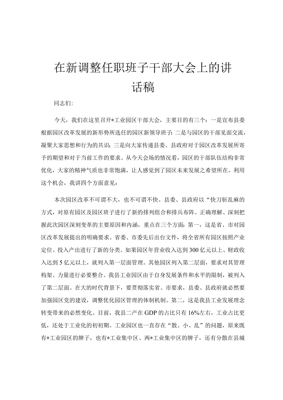 在新调整任职班子干部大会上的讲话稿.docx_第1页