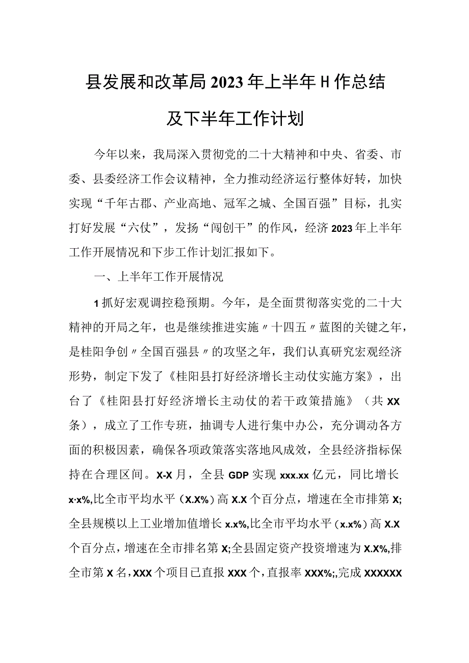 县发展和改革局2023年上半年工作总结及下半年工作计划.docx_第1页