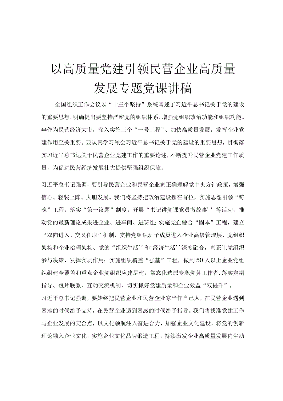 以高质量党建引领民营企业高质量发展专题党课讲稿.docx_第1页