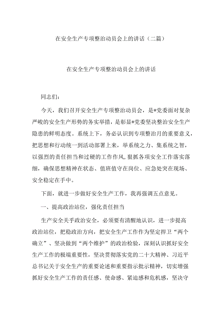 在安全生产专项整治动员会上的讲话(二篇).docx_第1页