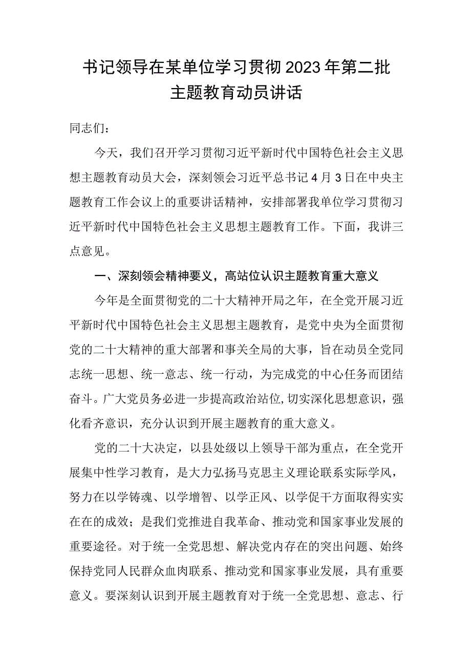 书记领导在某市单位学习贯彻2023年第二批主题教育动员讲话发言4篇.docx_第2页