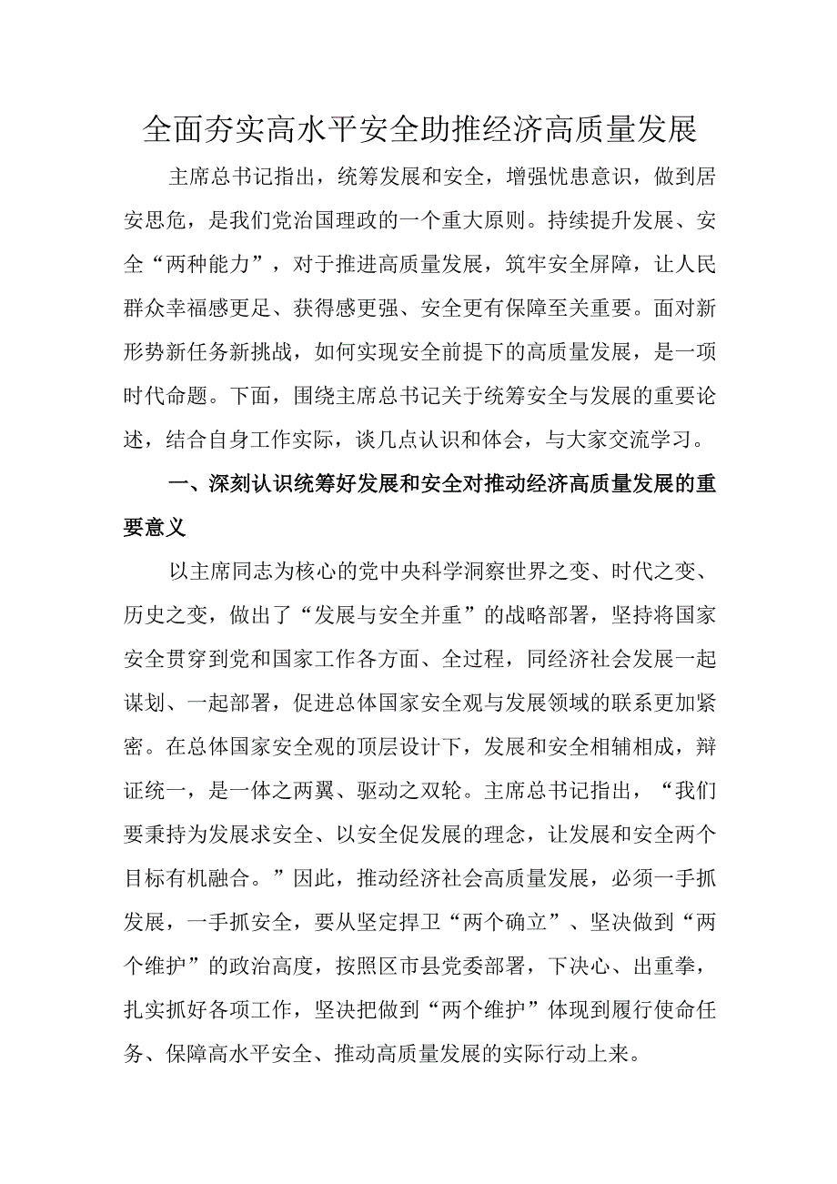 全面夯实高水平安全助推经济高质量发展.docx_第1页