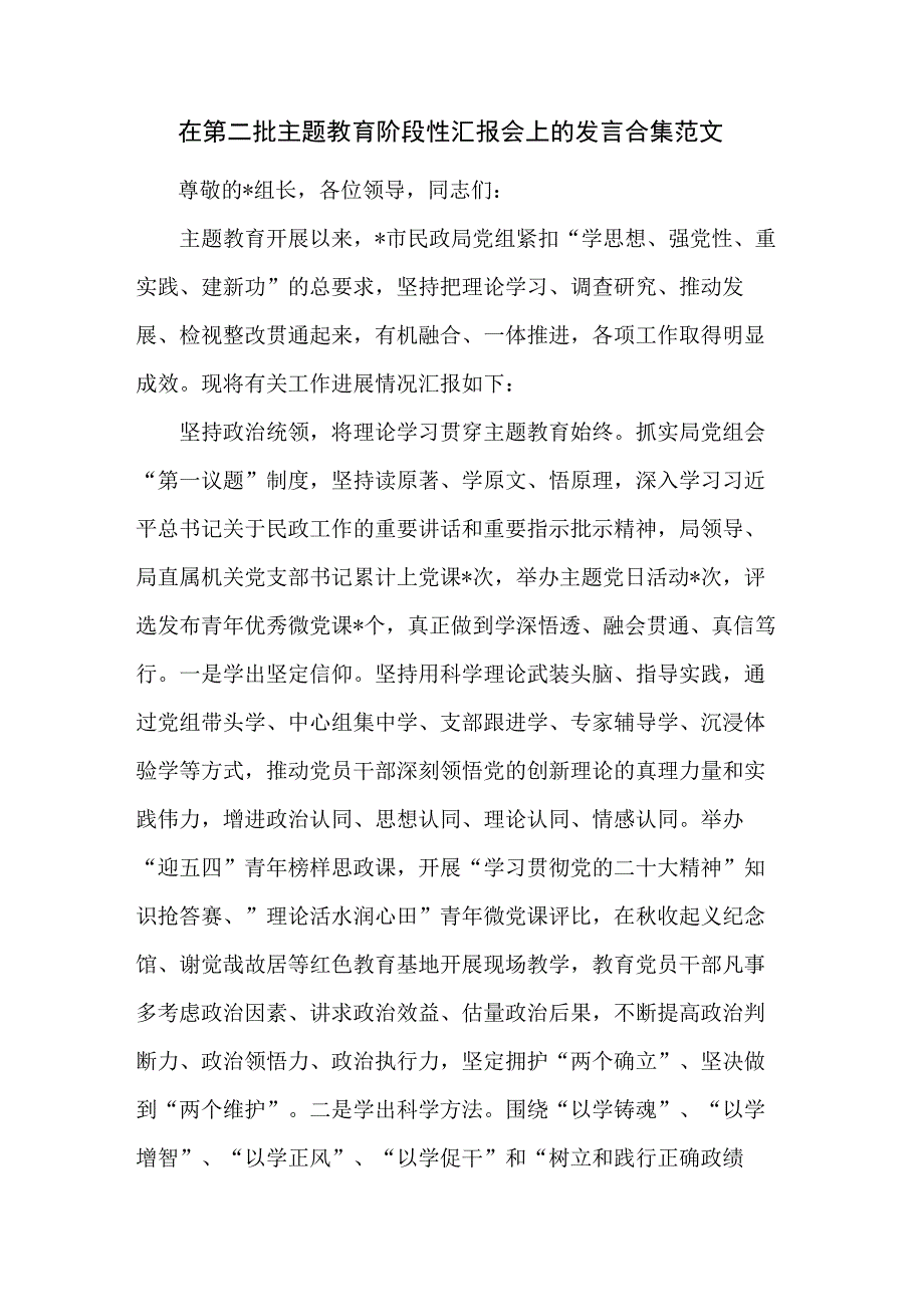 在第二批主题教育阶段性汇报会上的发言合集范文.docx_第1页