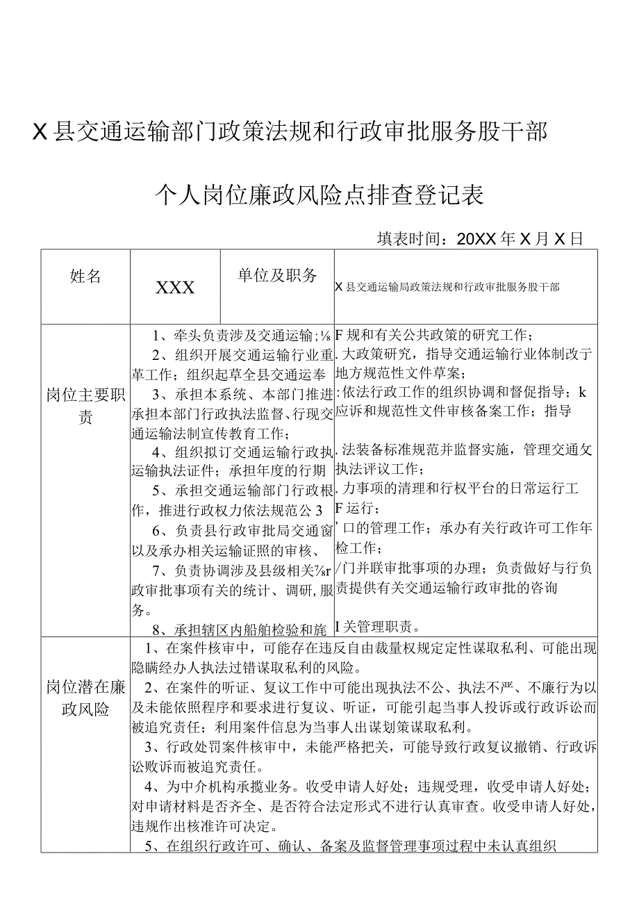 某县交通运输部门政策法规和行政审批服务股干部个人岗位廉政风险点排查登记表.docx_第1页