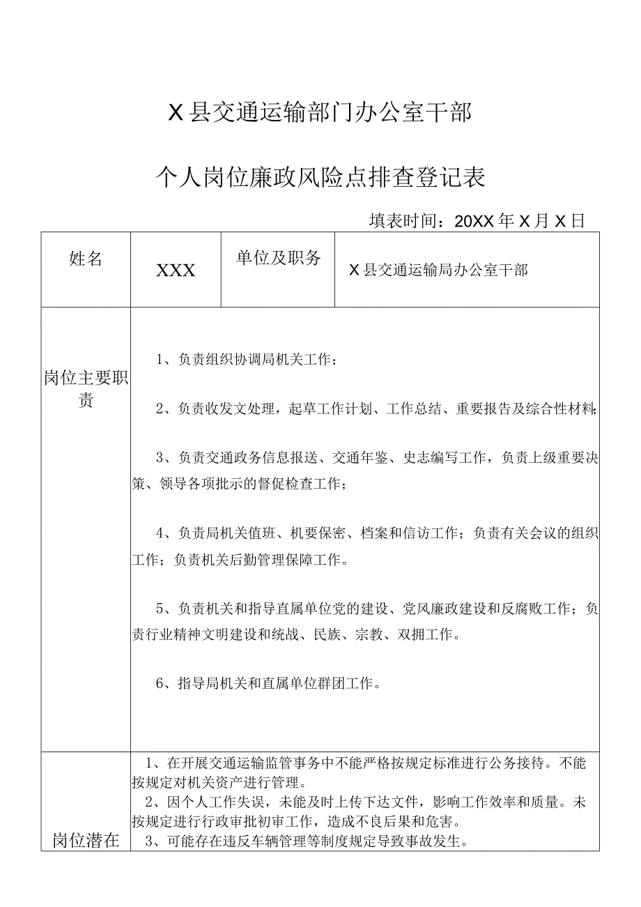 某县交通运输部门办公室干部个人岗位廉政风险点排查登记表.docx_第1页