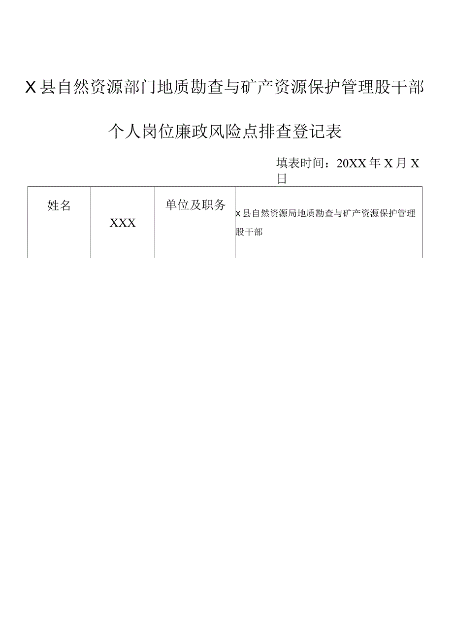 某县自然资源部门地质勘查与矿产资源保护管理股干部个人岗位廉政风险点排查登记表.docx_第1页