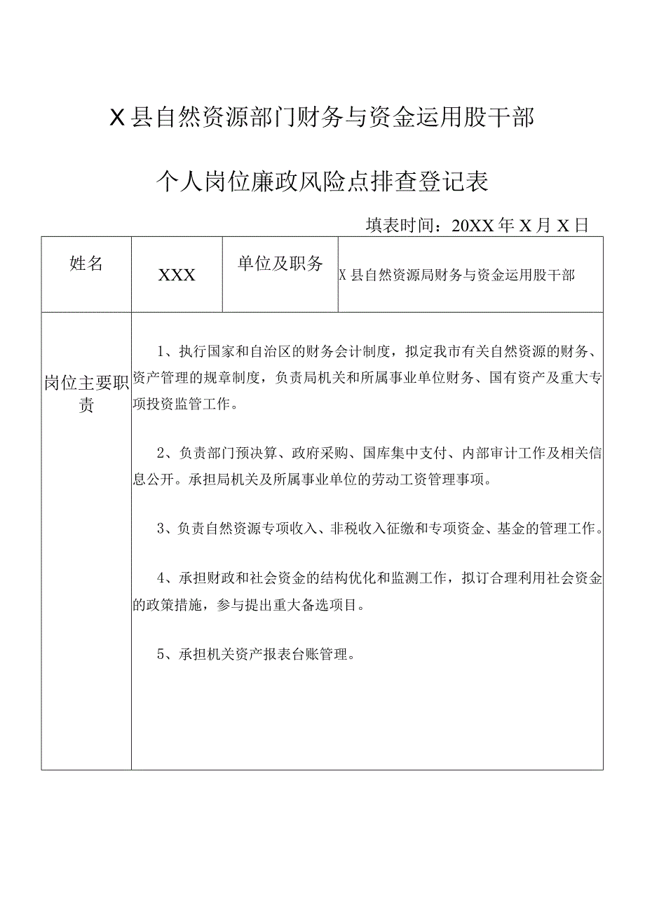 某县自然资源部门财务与资金运用股干部个人岗位廉政风险点排查登记表.docx_第1页