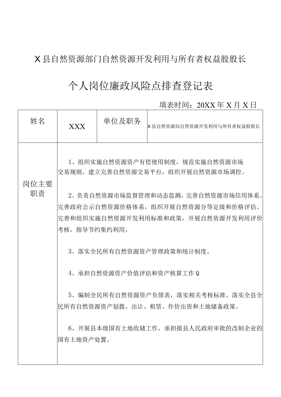 某县自然资源部门自然资源开发利用与所有者权益股股长个人岗位廉政风险点排查登记表.docx_第1页