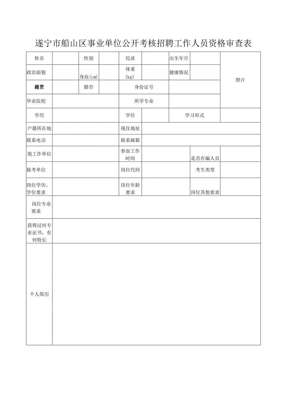 遂宁市船山区事业单位公开考核招聘工作人员资格审查表.docx_第1页