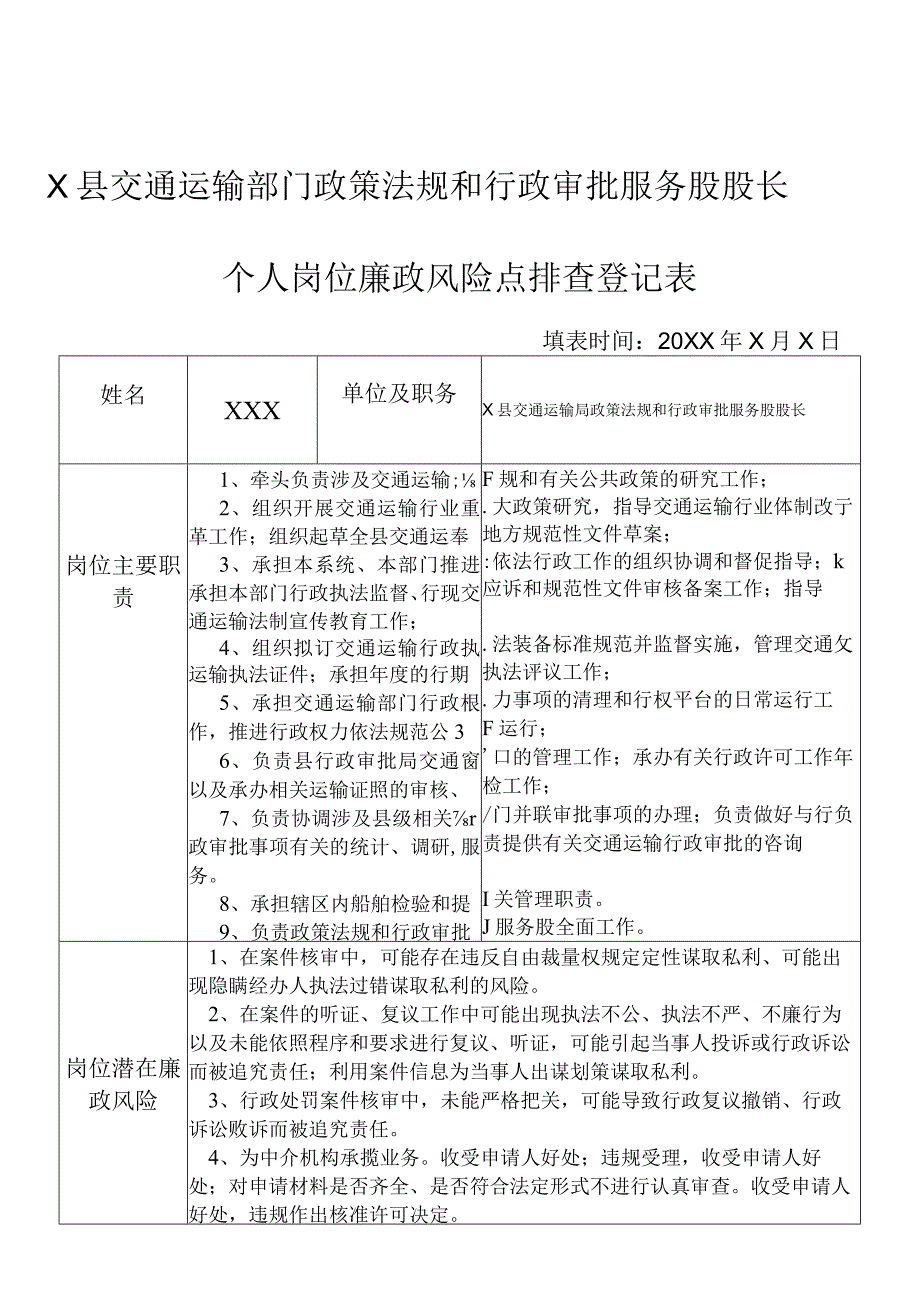 某县交通运输部门政策法规和行政审批服务股股长个人岗位廉政风险点排查登记表.docx_第1页