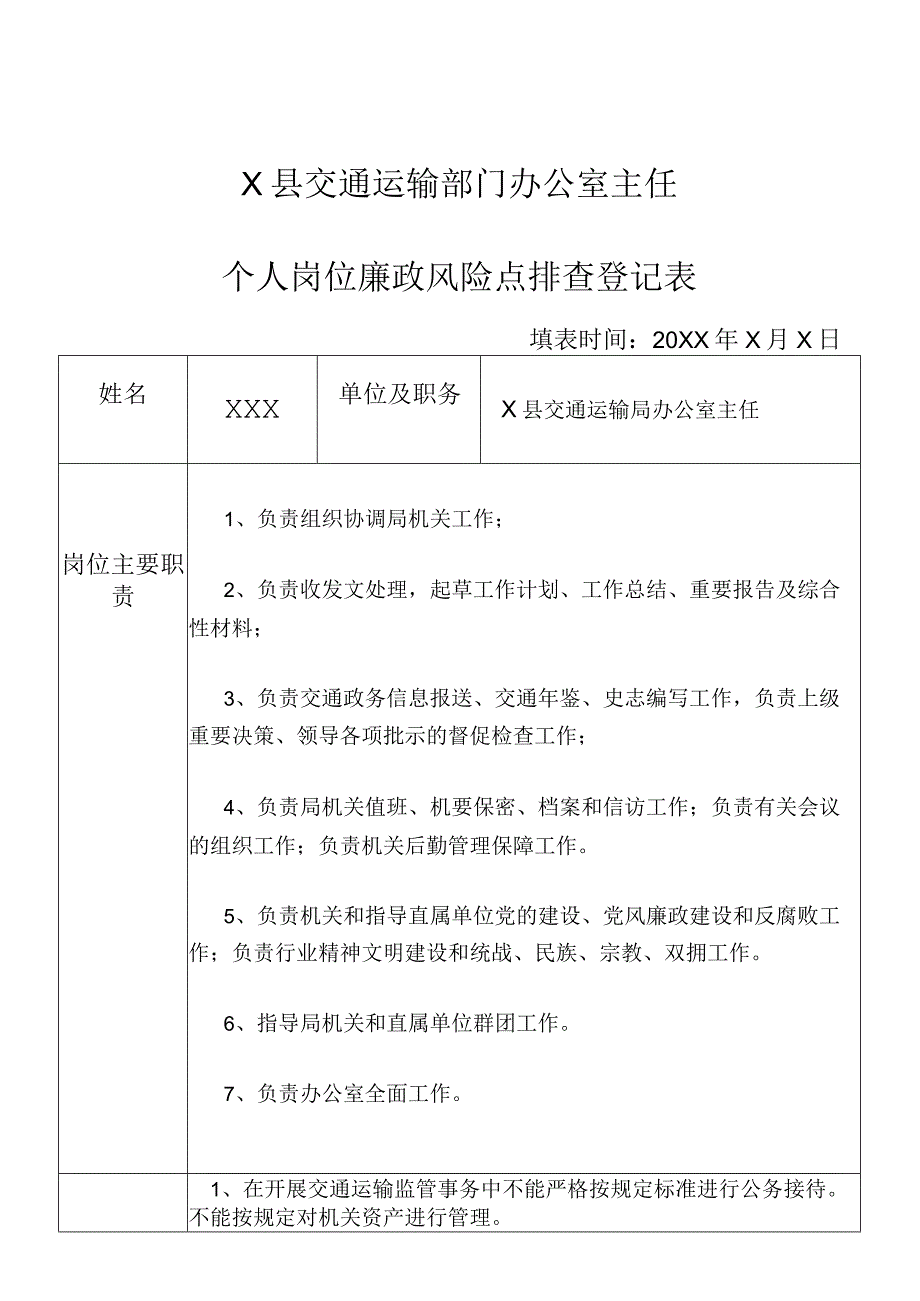 某县交通运输部门办公室主任个人岗位廉政风险点排查登记表.docx_第1页