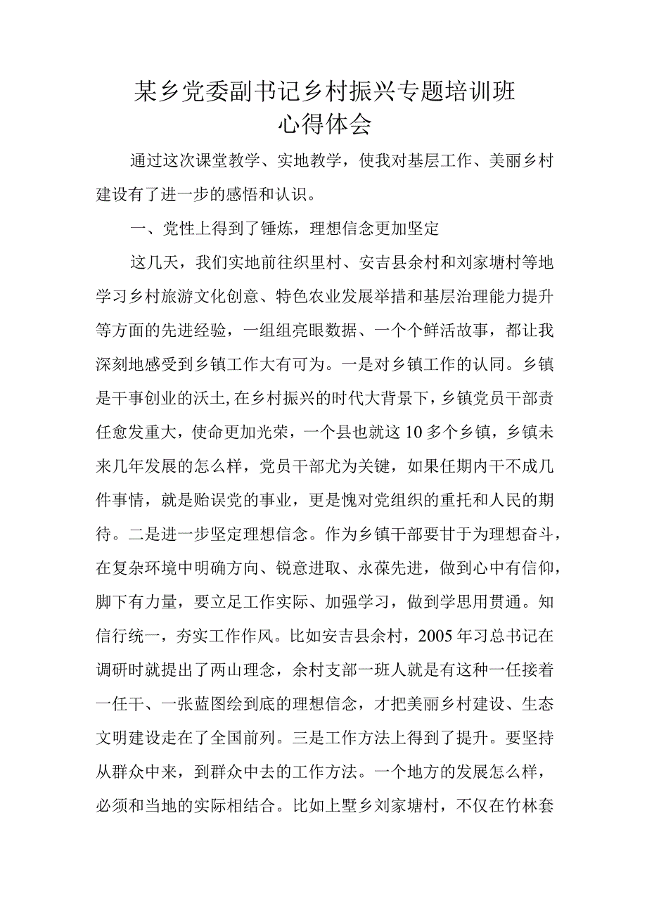 某乡党委副书记乡村振兴专题培训班心得体会.docx_第1页