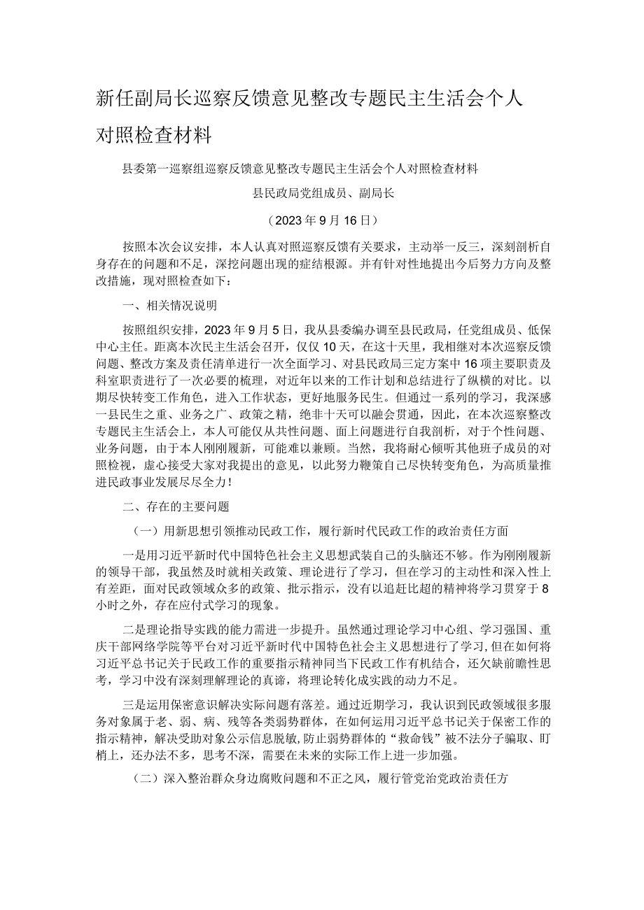 新任副局长巡察反馈意见整改专题民主生活会个人对照检查材料.docx_第1页