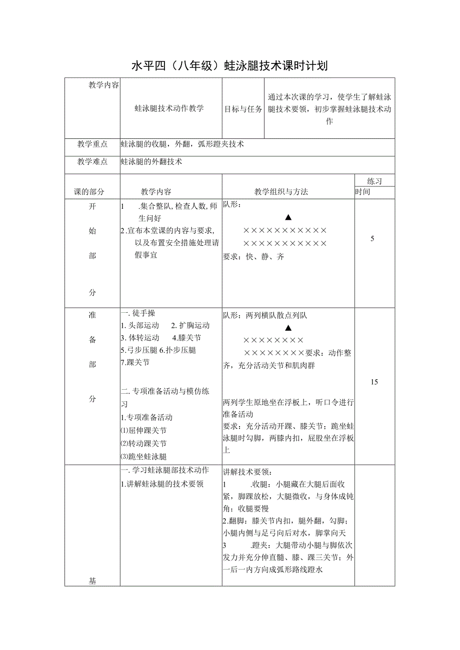 水平四（八年级）体育《蛙泳腿技术动作》公开课教案.docx_第1页