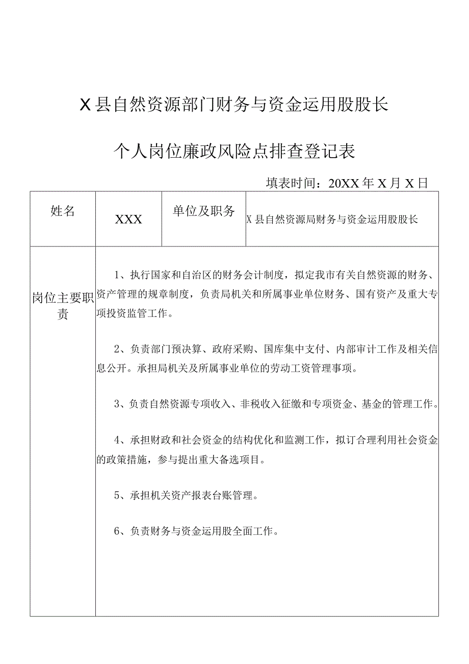 某县自然资源部门财务与资金运用股股长个人岗位廉政风险点排查登记表.docx_第1页