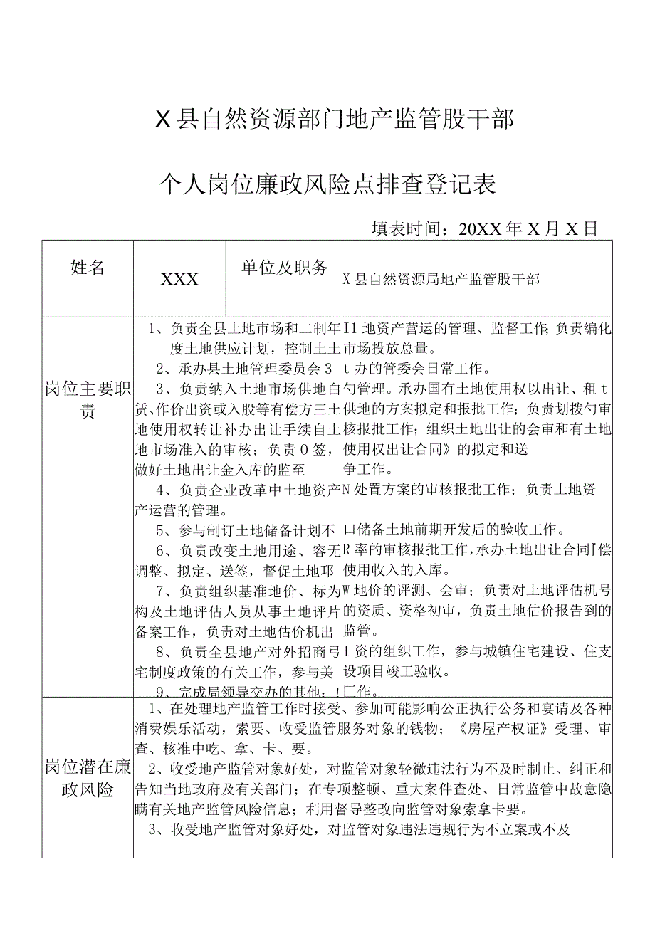 某县自然资源部门地产监管股干部个人岗位廉政风险点排查登记表.docx_第1页