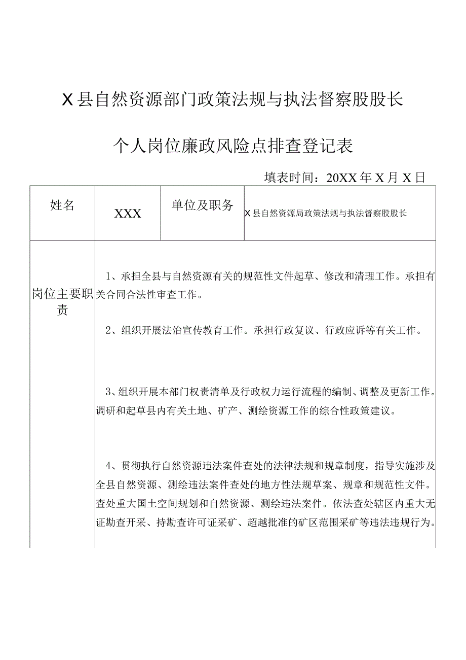 某县自然资源部门政策法规与执法督察股股长个人岗位廉政风险点排查登记表.docx_第1页