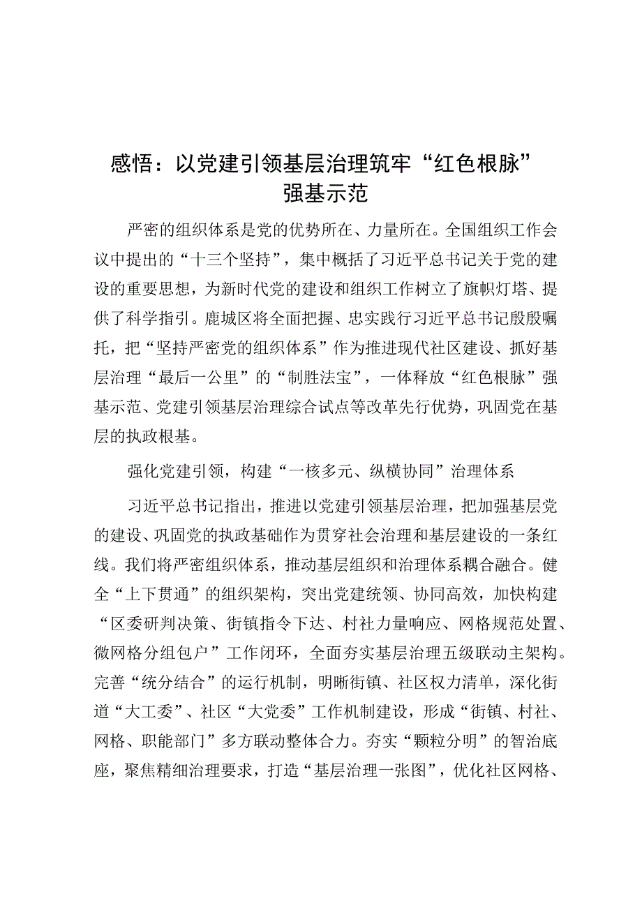 心得体会：以党建引领基层治理筑牢“红色根脉”强基示范.docx_第1页