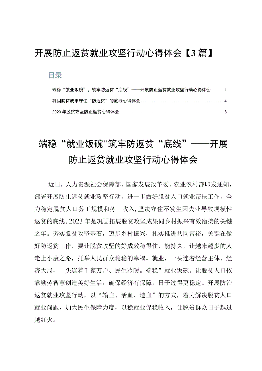 开展防止返贫就业攻坚行动心得体会【3篇】.docx_第1页