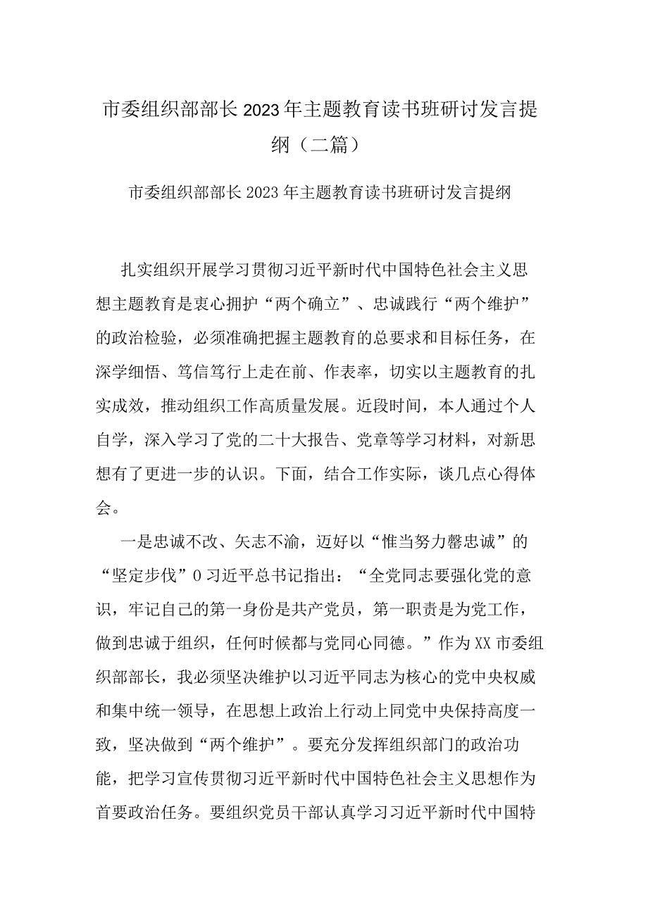 市委组织部部长2023年主题教育读书班研讨发言提纲(二篇).docx_第1页