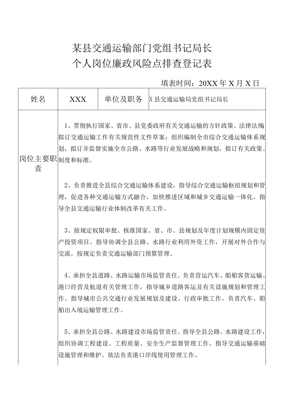 某县交通运输部门党组书记局长个人岗位廉政风险点排查登记表.docx_第1页