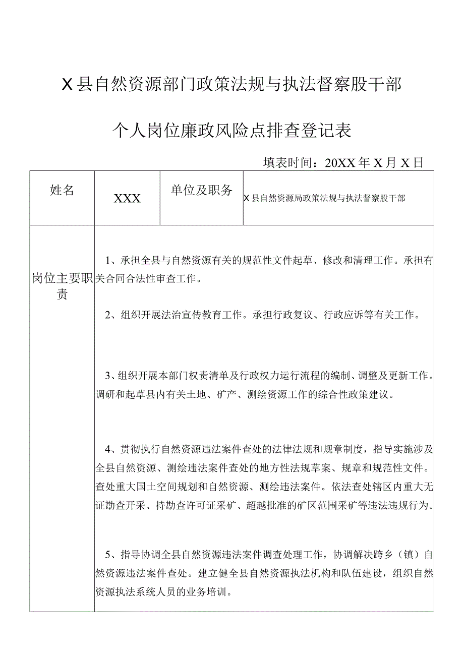 某县自然资源部门政策法规与执法督察股干部个人岗位廉政风险点排查登记表.docx_第1页