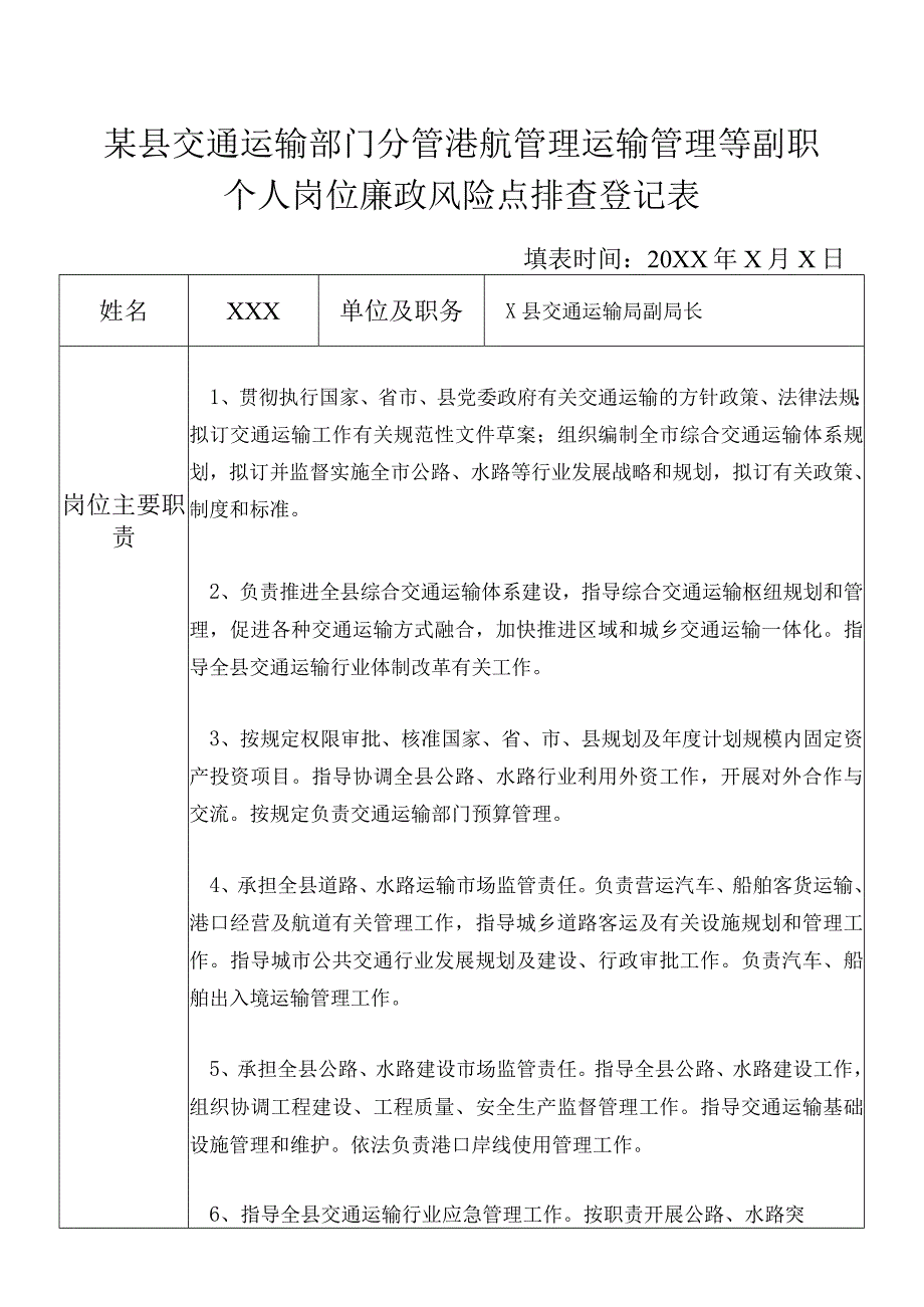 某县交通运输部门分管分管港航管理运输管理等副职个人岗位廉政风险点排查登记表.docx_第1页