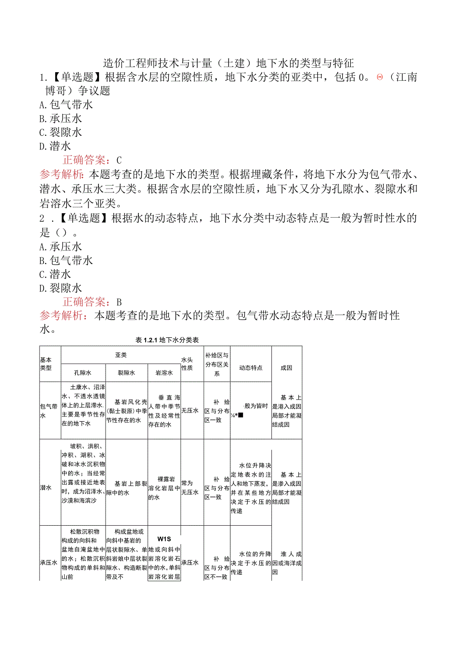 造价工程师技术与计量（土建）地下水的类型与特征.docx_第1页