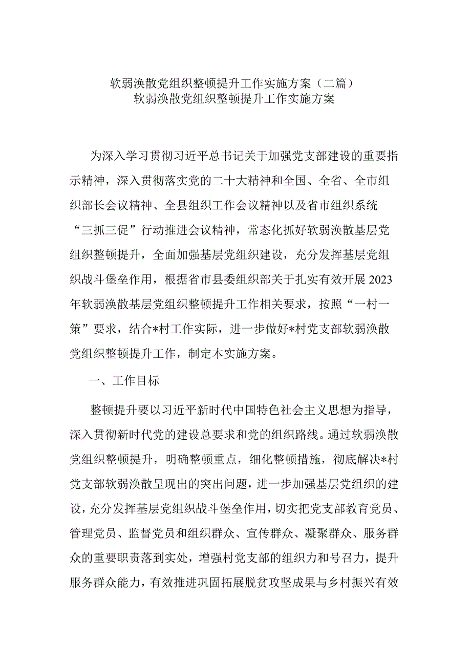 软弱涣散党组织整顿提升工作实施方案(二篇).docx_第1页