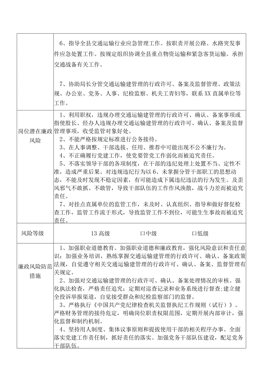 某县交通运输部门分管交通运输建管理的行政许可备案及监督管理政策法规办公室党务人事等副职个人岗位廉政风险点排查登记表.docx_第2页