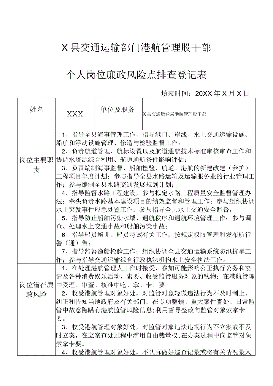 某县交通运输部门港航管理股干部个人岗位廉政风险点排查登记表.docx_第1页