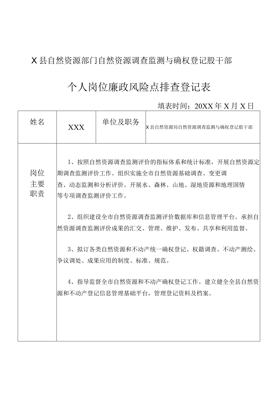 某县自然资源部门自然资源调查监测与确权登记股干部个人岗位廉政风险点排查登记表.docx_第1页