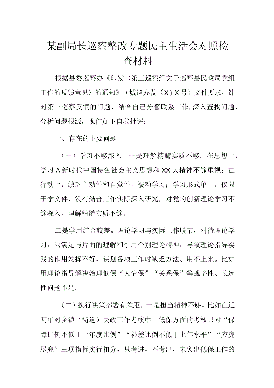 某副局长巡察整改专题民主生活会对照检查材料.docx_第1页