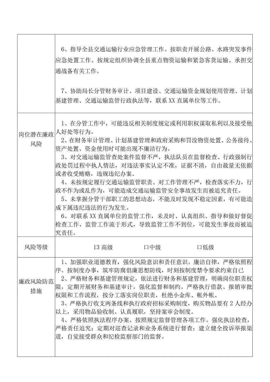 某县交通运输部门分管财务审计项目建设交通运输资金规划使用管理计划基建管理等副职个人岗位廉政风险点排查登记表.docx_第2页