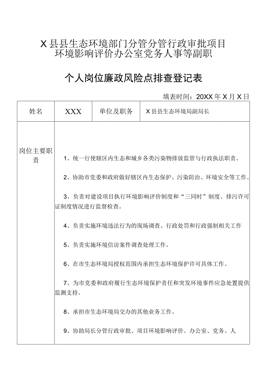 某县生态部门分管行政审批项目环境影响评价办公室党务人事等副职个人岗位廉政风险点排查登记表.docx_第1页