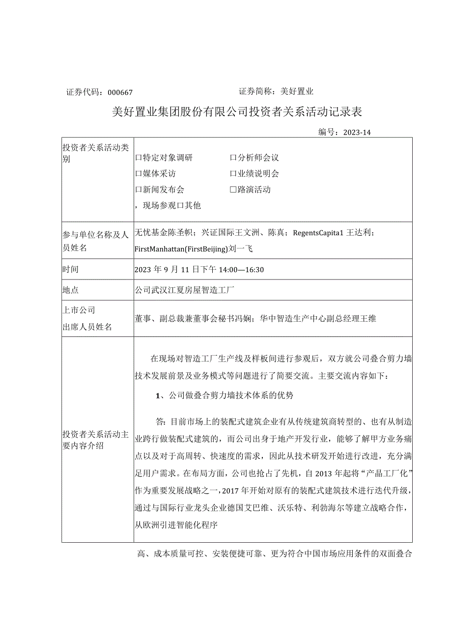 证券代码000667证券简称美好置业美好置业集团股份有限公司投资者关系活动记录表.docx_第1页