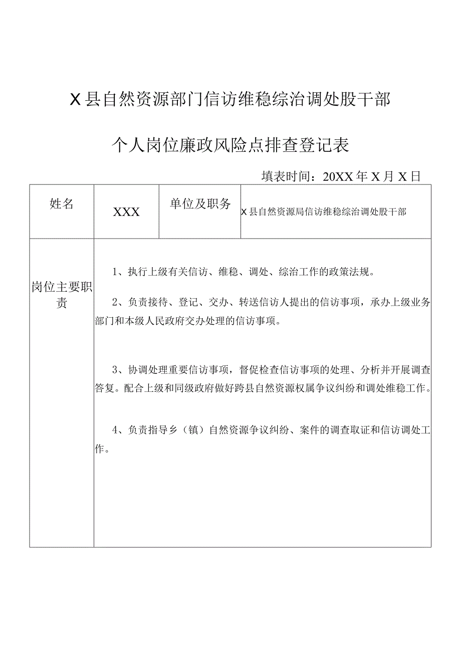 某县自然资源部门信访维稳综治调处股干部个人岗位廉政风险点排查登记表.docx_第1页