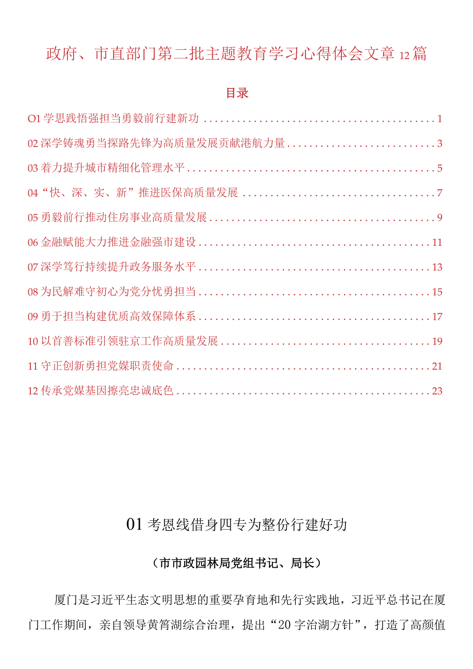 政府、市直部门第二批主题教育学习心得体会文章12篇.docx_第1页