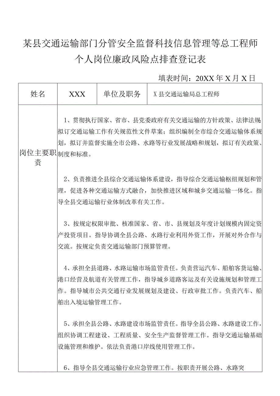 某县交通运输部门分管安全监督科技信息管理等总工程师个人岗位廉政风险点排查登记表.docx_第1页