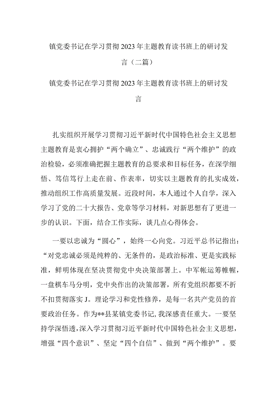 镇党委书记在学习贯彻2023年主题教育读书班上的研讨发言(二篇).docx_第1页