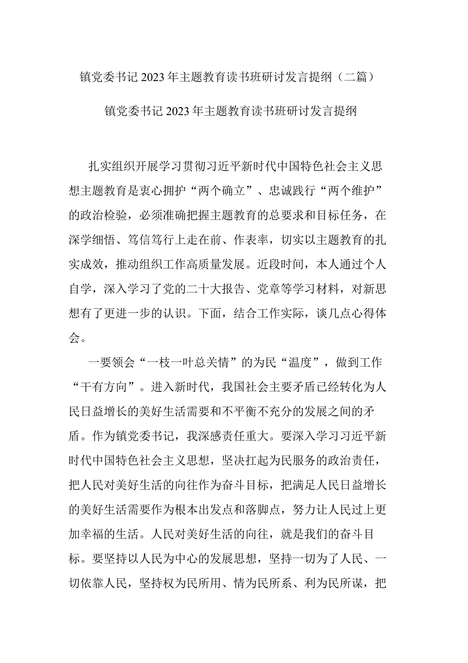 镇党委书记2023年主题教育读书班研讨发言提纲(二篇).docx_第1页